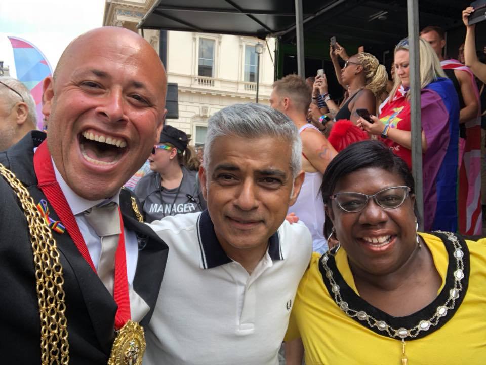 Christopher Wellbelove, Mayor of Lambeth 2018-2019, with Mayor of London Sadiq Khan and Emita Griffith